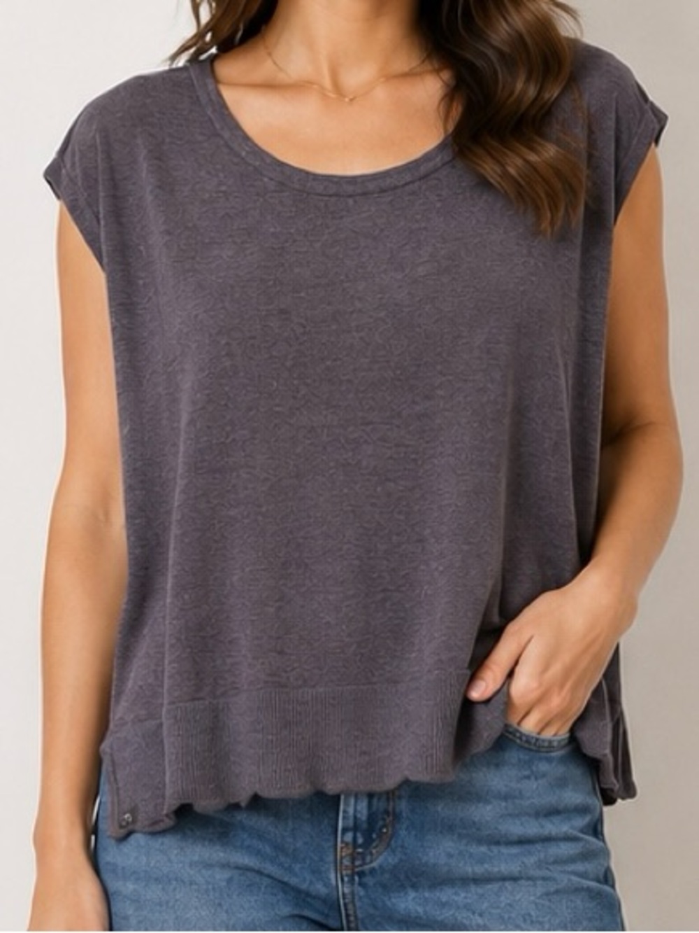 Barefoot Dreams Scoop Neck Short Sleeve Top in Charcoal Gray